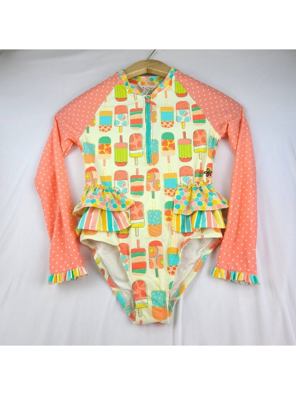 Matilda Jane Dancing Popsicle Long Sleeve One Pc Swimsuit Ruffle 1/4 Zip 10 NWT